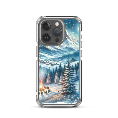 Aquarell eines Winterabends in den Alpen mit Lagerfeuer und Wanderern, glitzernder Neuschnee - iPhone Schutzhülle (durchsichtig) camping xxx yyy zzz iPhone 15 Pro