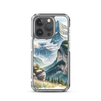 Aquarell-Panoramablick der Alpen mit schneebedeckten Gipfeln, Wasserfällen und Wanderern - iPhone Schutzhülle (durchsichtig) wandern xxx yyy zzz iPhone 15 Pro