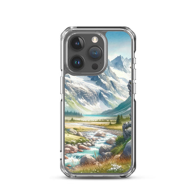 Aquarellmalerei eines Bären und der sommerlichen Alpenschönheit mit schneebedeckten Ketten - iPhone Schutzhülle (durchsichtig) camping xxx yyy zzz iPhone 15 Pro