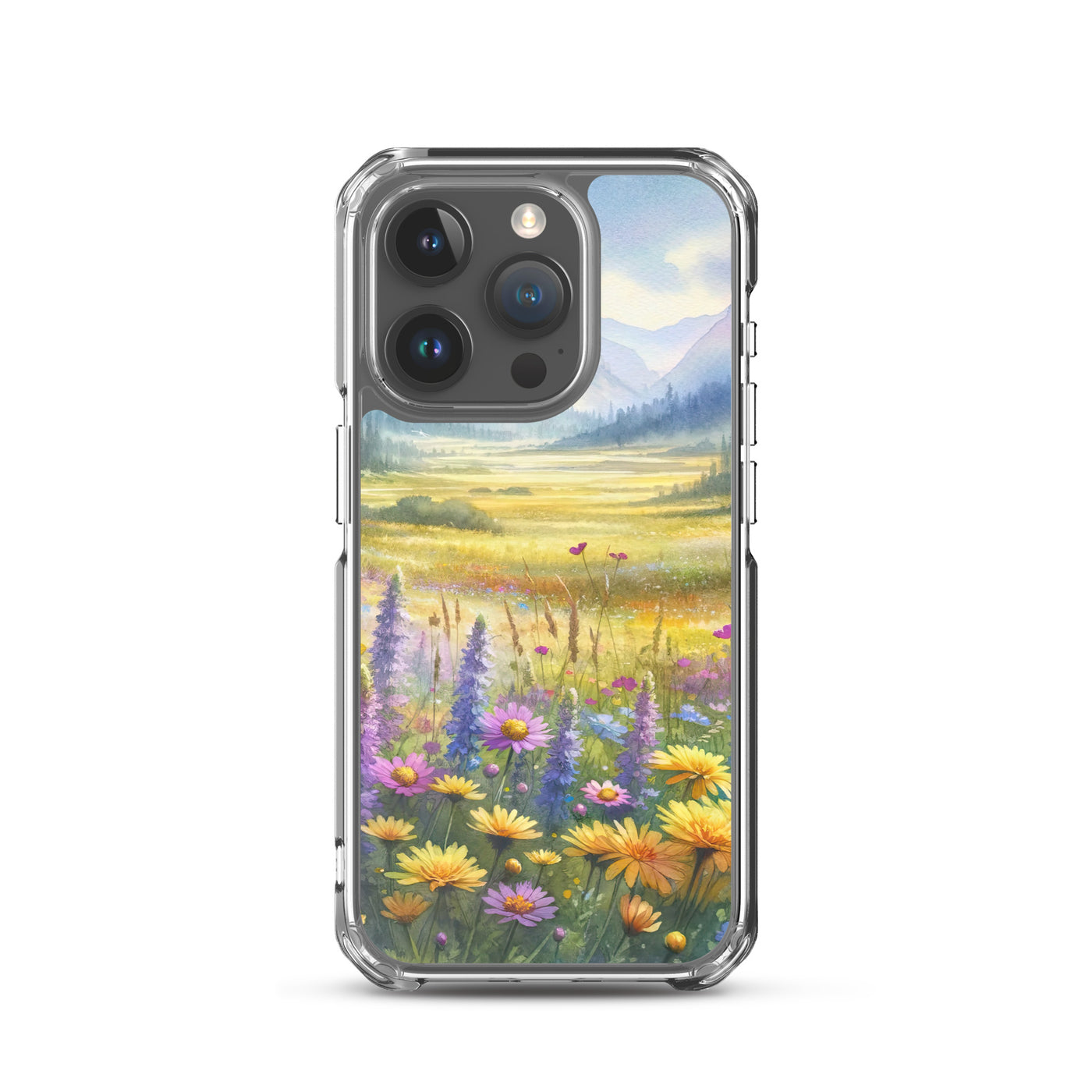 Aquarell einer Almwiese in Ruhe, Wildblumenteppich in Gelb, Lila, Rosa - iPhone Schutzhülle (durchsichtig) berge xxx yyy zzz iPhone 15 Pro