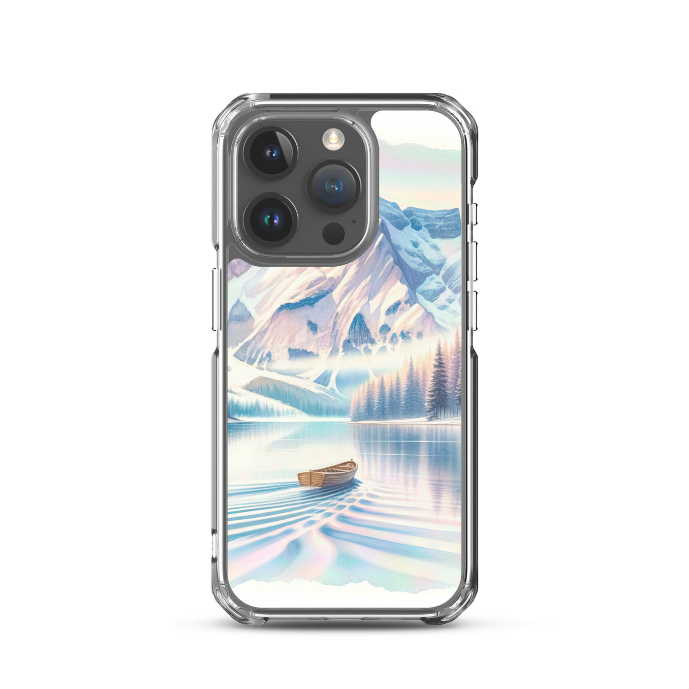 Aquarell eines klaren Alpenmorgens, Boot auf Bergsee in Pastelltönen - iPhone Schutzhülle (durchsichtig) berge xxx yyy zzz iPhone 15 Pro