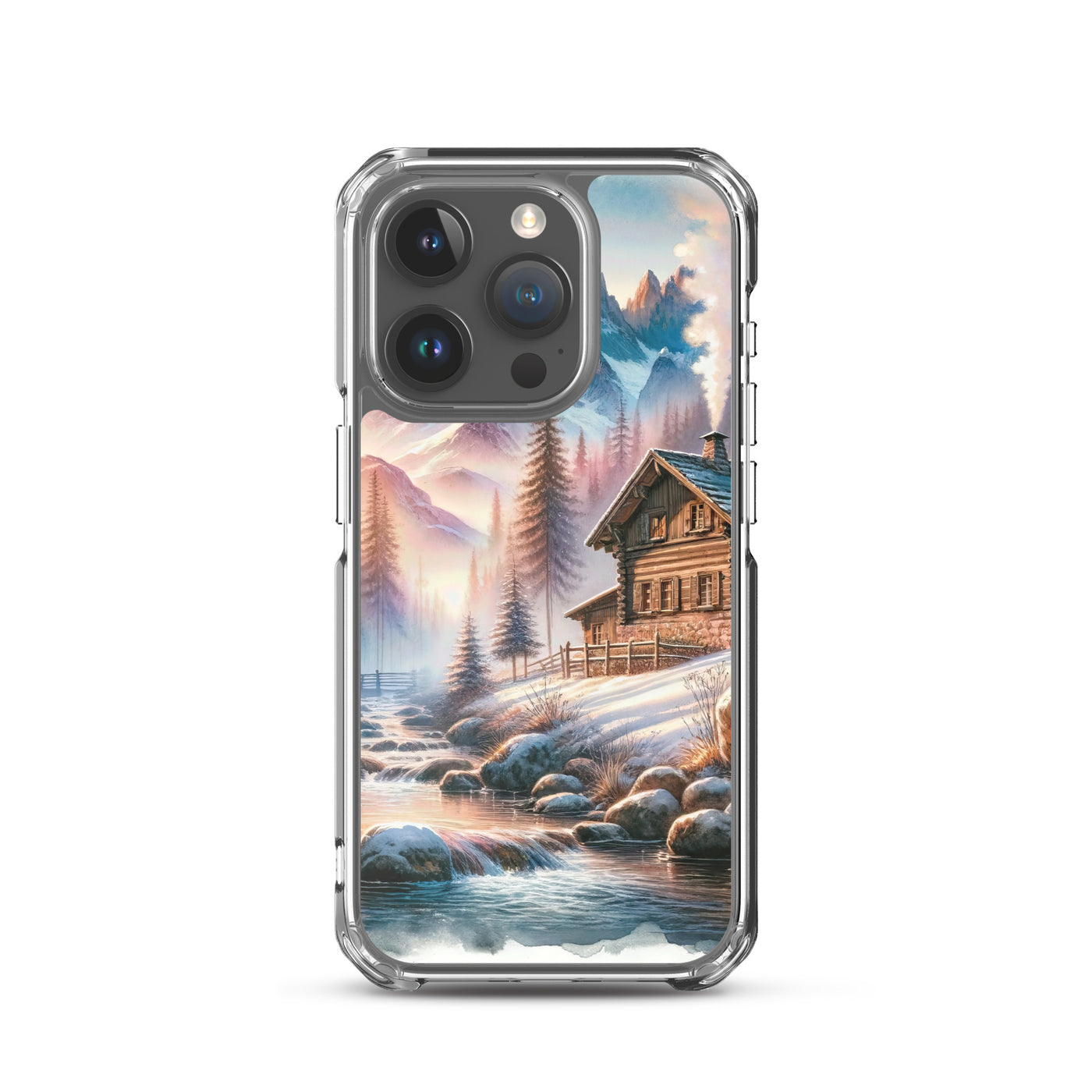 Aquarell einer Alpenszene im Morgengrauen, Haus in den Bergen - iPhone Schutzhülle (durchsichtig) berge xxx yyy zzz iPhone 15 Pro