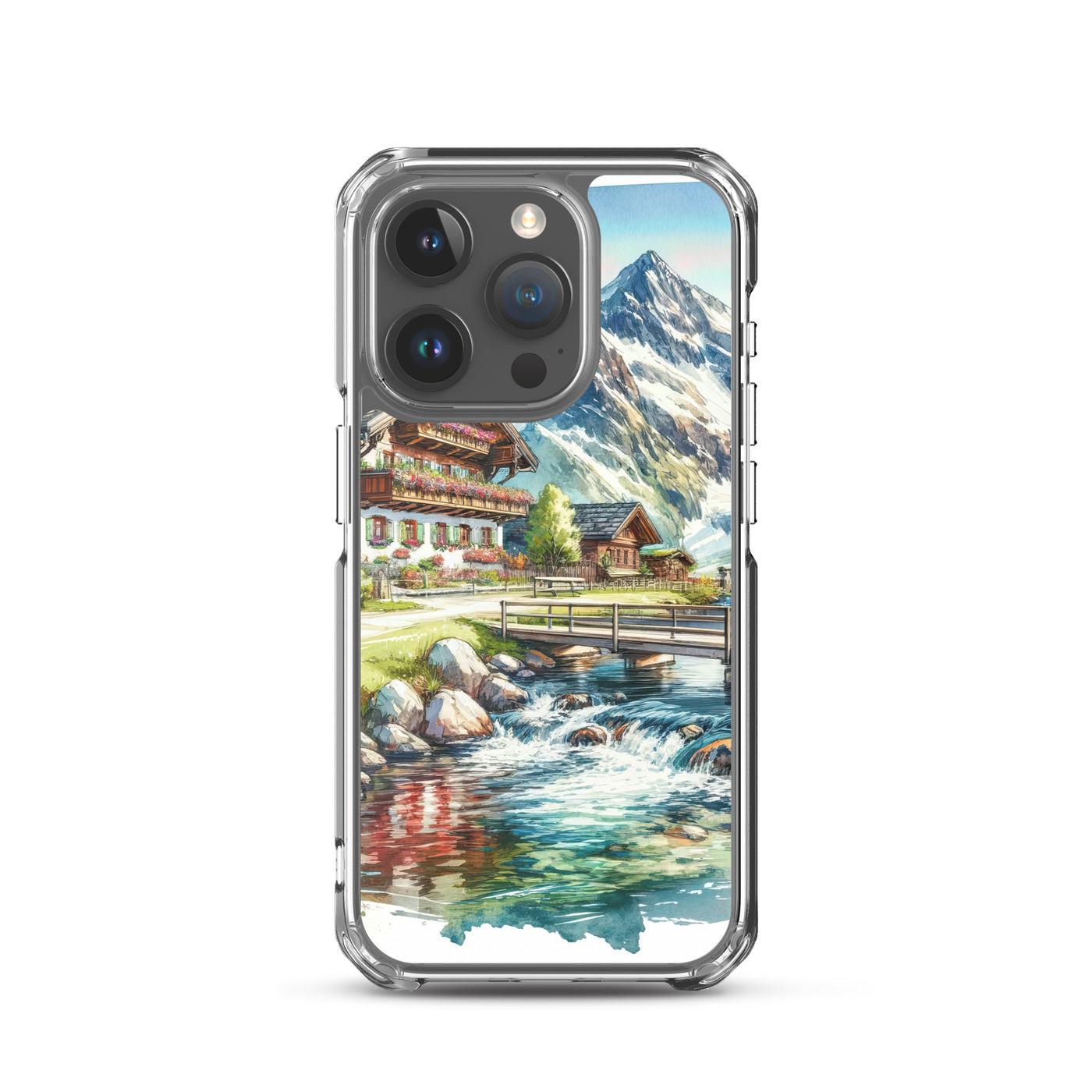 Aquarell der frühlingshaften Alpenkette mit österreichischer Flagge und schmelzendem Schnee - iPhone Schutzhülle (durchsichtig) berge xxx yyy zzz iPhone 15 Pro