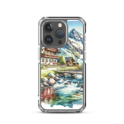 Aquarell der frühlingshaften Alpenkette mit österreichischer Flagge und schmelzendem Schnee - iPhone Schutzhülle (durchsichtig) berge xxx yyy zzz iPhone 15 Pro