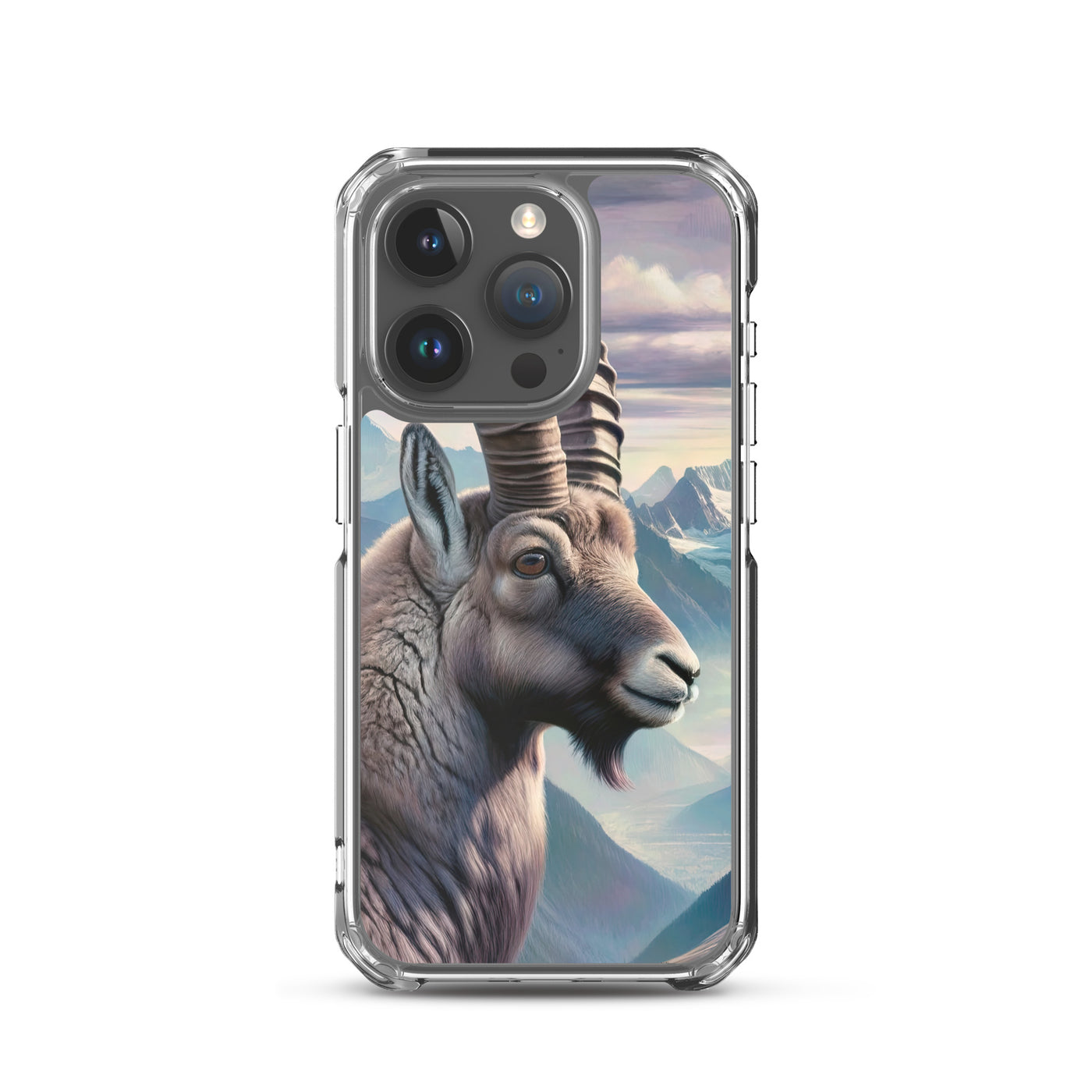 Digitales Steinbock-Porträt vor Alpenkulisse - iPhone Schutzhülle (durchsichtig) berge xxx yyy zzz iPhone 15 Pro