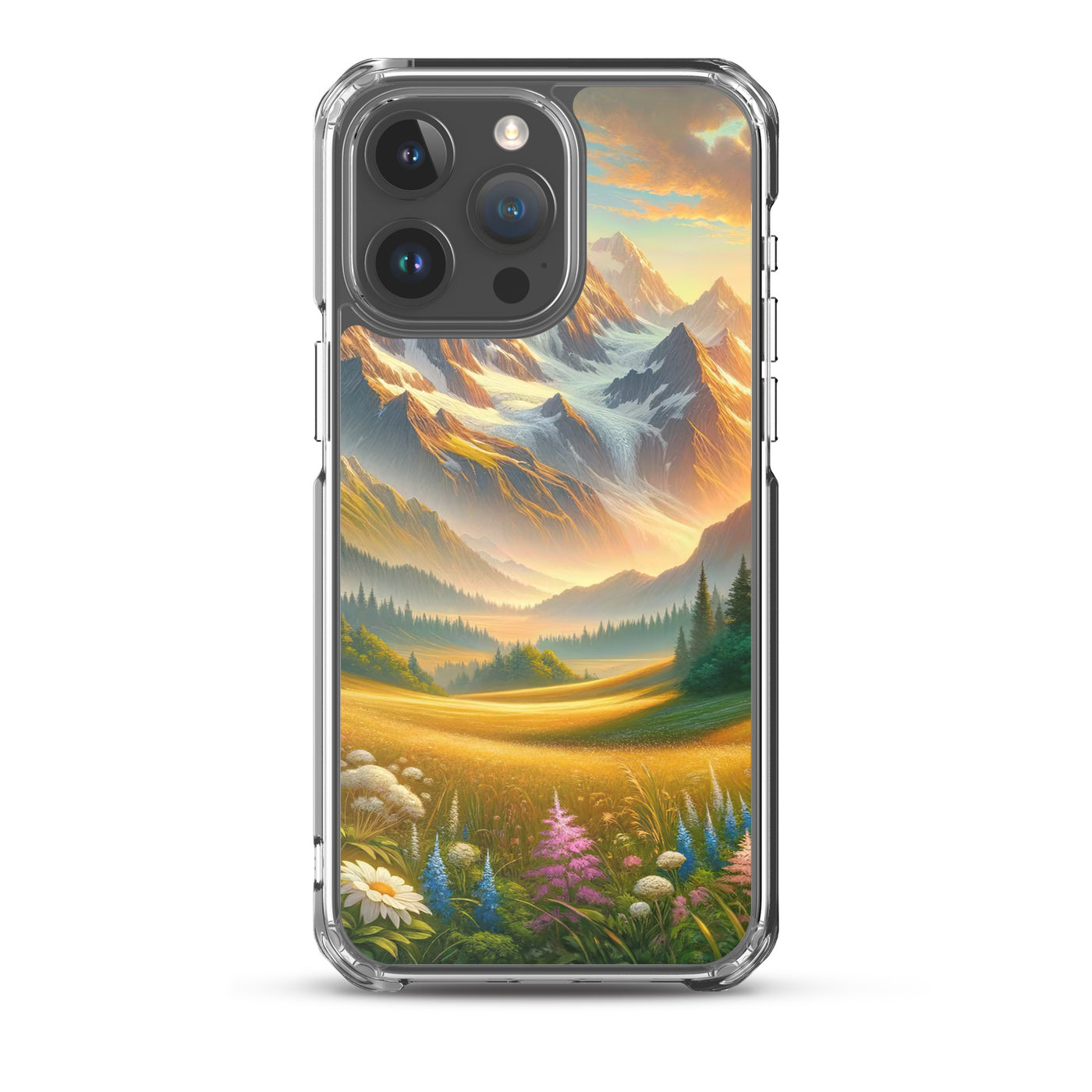 Heitere Alpenschönheit: Schneeberge und Wildblumenwiesen - iPhone Schutzhülle (durchsichtig) berge xxx yyy zzz iPhone 15 Pro Max