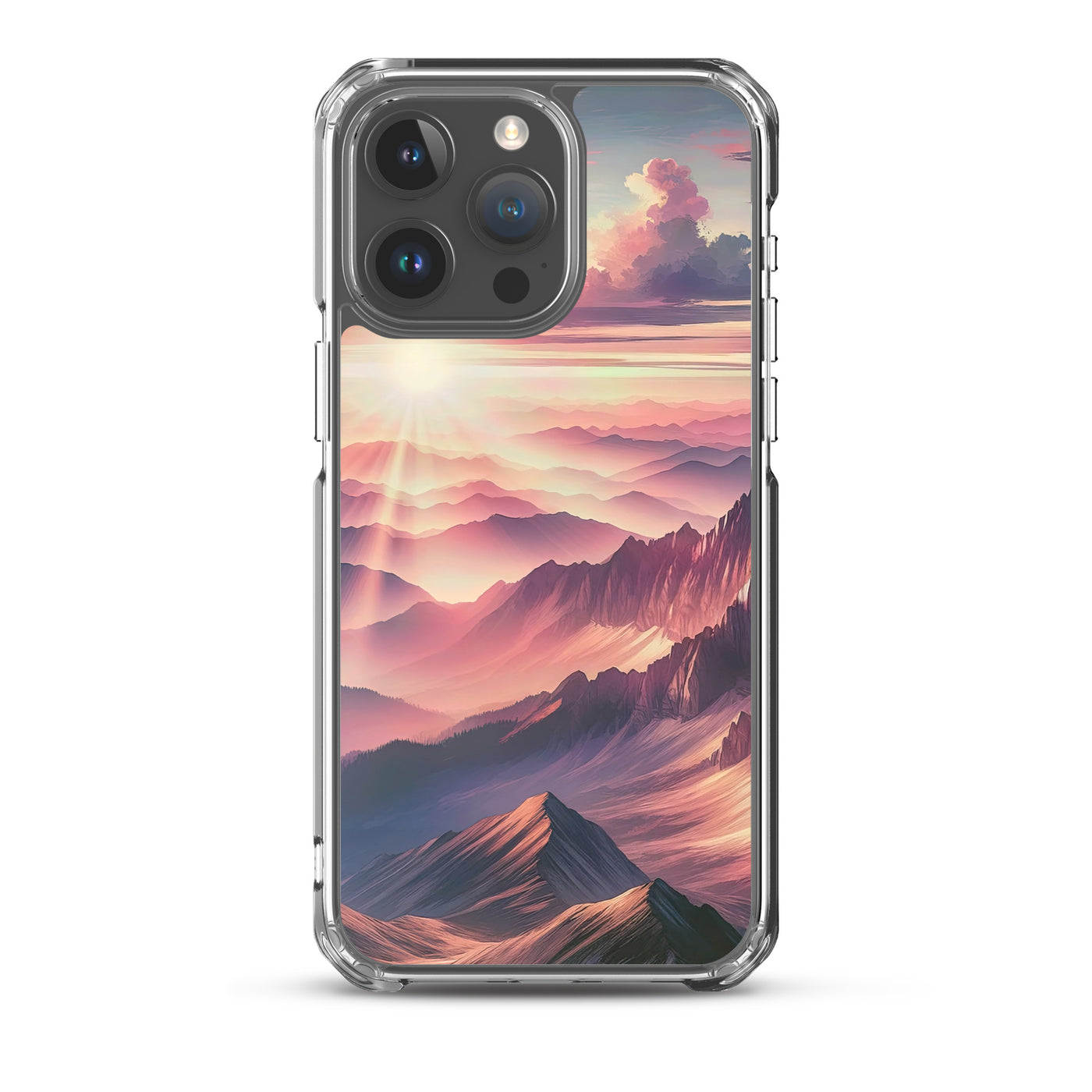 Schöne Berge bei Sonnenaufgang: Malerei in Pastelltönen - iPhone Schutzhülle (durchsichtig) berge xxx yyy zzz iPhone 15 Pro Max