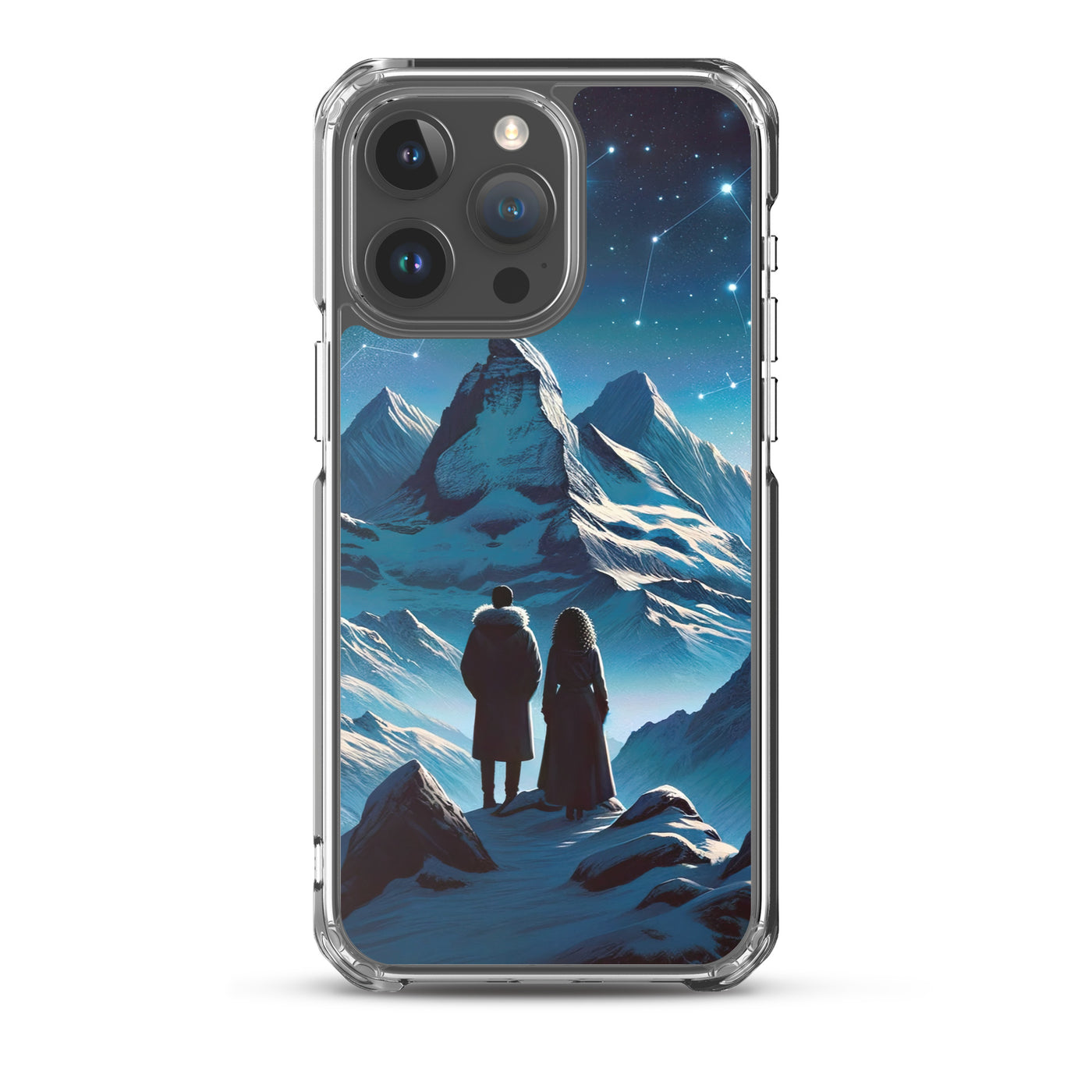 Alpenwinternacht: Digitale Kunst mit Wanderern in Bergen und Sternenhimmel - iPhone Schutzhülle (durchsichtig) wandern xxx yyy zzz iPhone 15 Pro Max