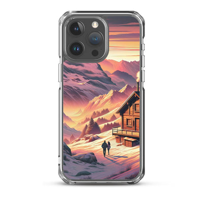 Berghütte im goldenen Sonnenuntergang: Digitale Alpenillustration - iPhone Schutzhülle (durchsichtig) berge xxx yyy zzz iPhone 15 Pro Max