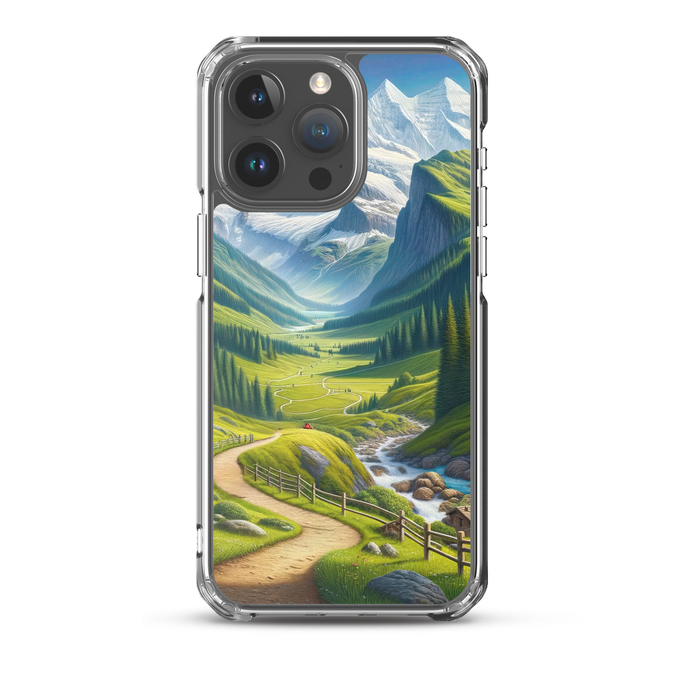 Wanderer in den Bergen und Wald: Digitale Malerei mit grünen kurvenreichen Pfaden - iPhone Schutzhülle (durchsichtig) wandern xxx yyy zzz iPhone 15 Pro Max