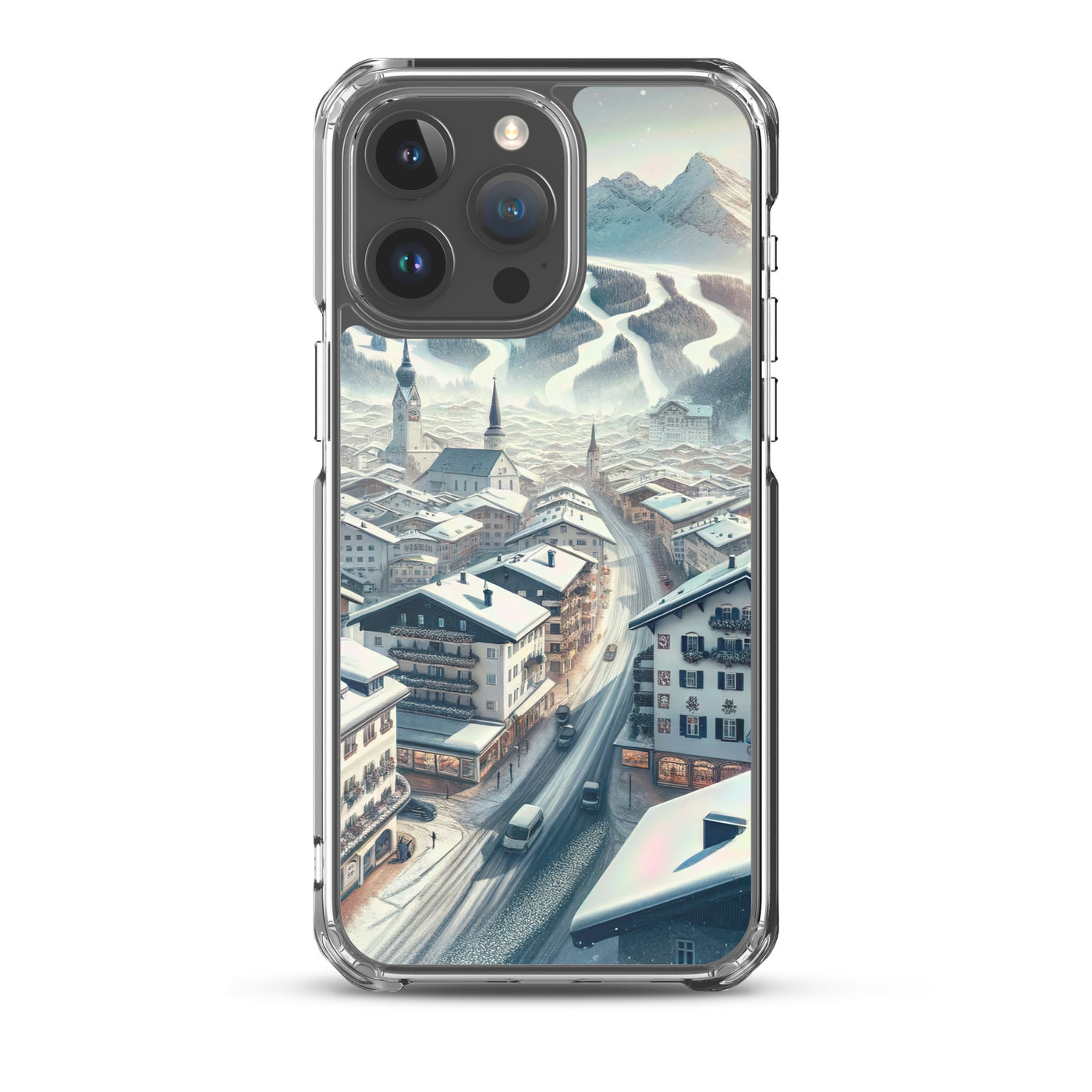 Winter in Kitzbühel: Digitale Malerei von schneebedeckten Dächern - iPhone Schutzhülle (durchsichtig) berge xxx yyy zzz iPhone 15 Pro Max