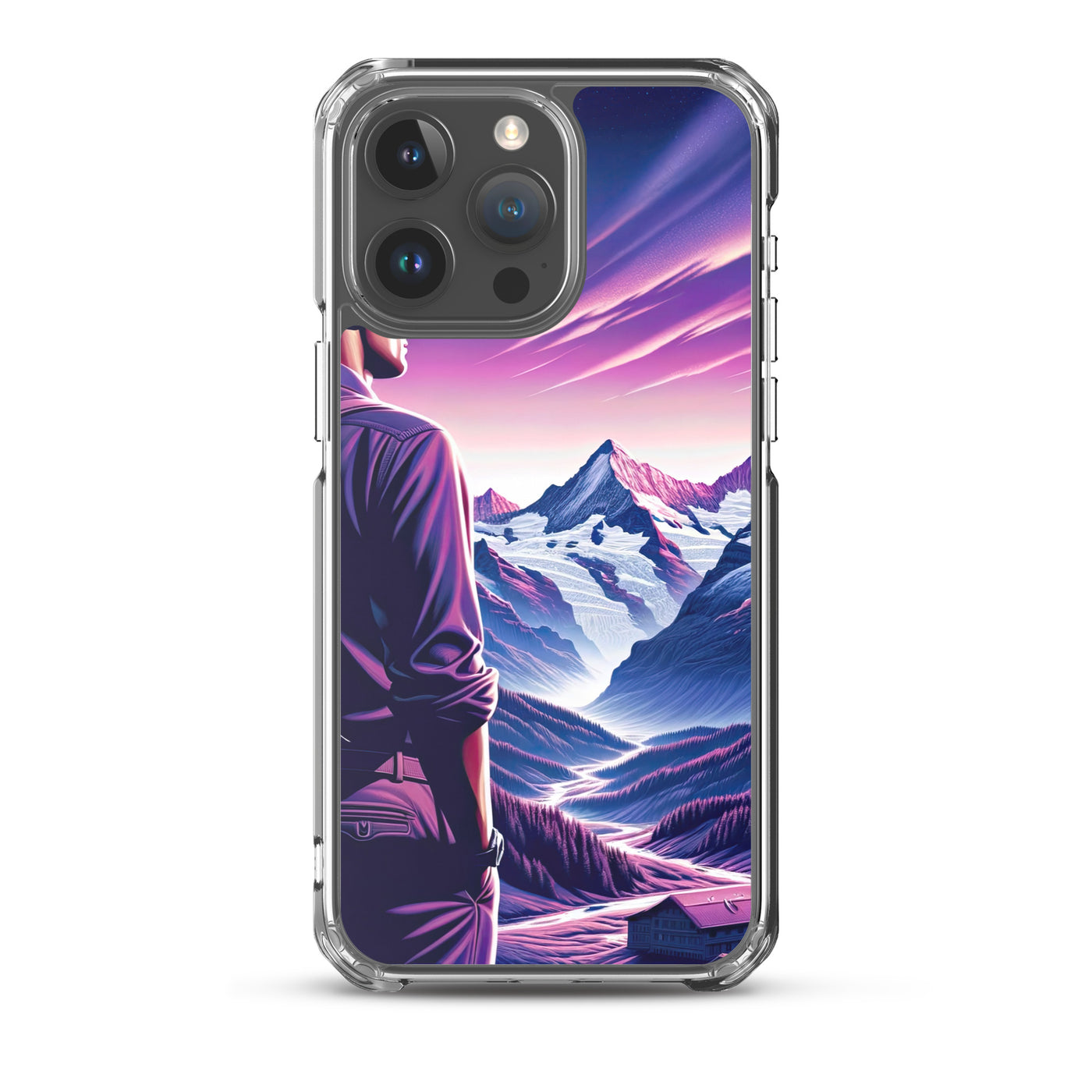 Wanderer in alpiner Dämmerung, schneebedeckte Gipfel ins Unendliche - iPhone Schutzhülle (durchsichtig) wandern xxx yyy zzz iPhone 15 Pro Max