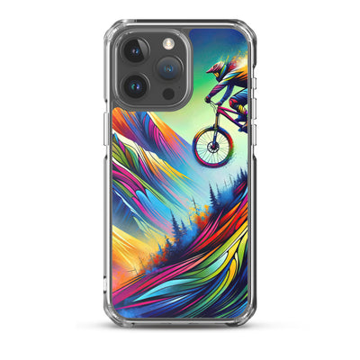 Mountainbiker in farbenfroher Alpenkulisse mit abstraktem Touch (M) - iPhone Schutzhülle (durchsichtig) xxx yyy zzz iPhone 15 Pro Max