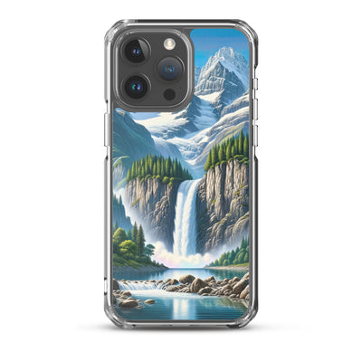 Illustration einer unberührten Alpenkulisse im Hochsommer. Wasserfall und See - iPhone Schutzhülle (durchsichtig) berge xxx yyy zzz iPhone 15 Pro Max
