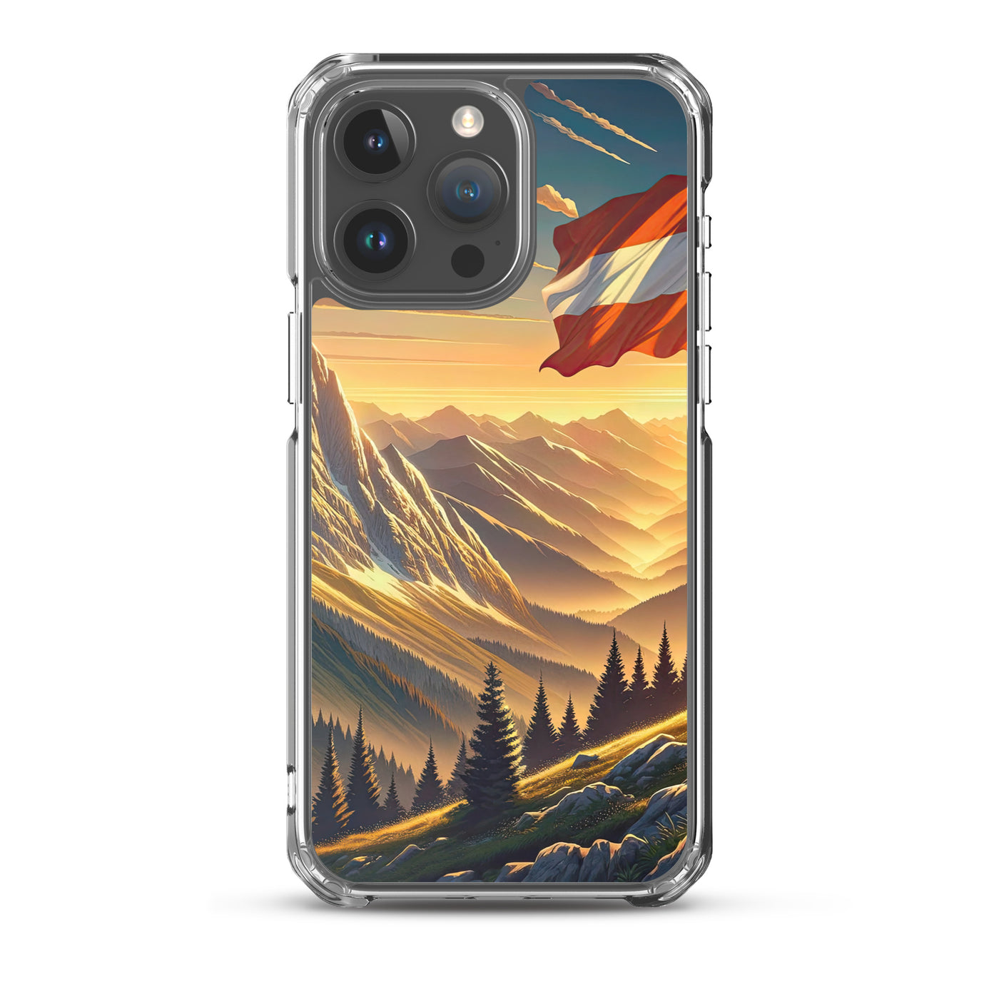 Ruhiger Alpenabend mit österreichischer Flagge und goldenem Sonnenuntergang - iPhone Schutzhülle (durchsichtig) berge xxx yyy zzz iPhone 15 Pro Max