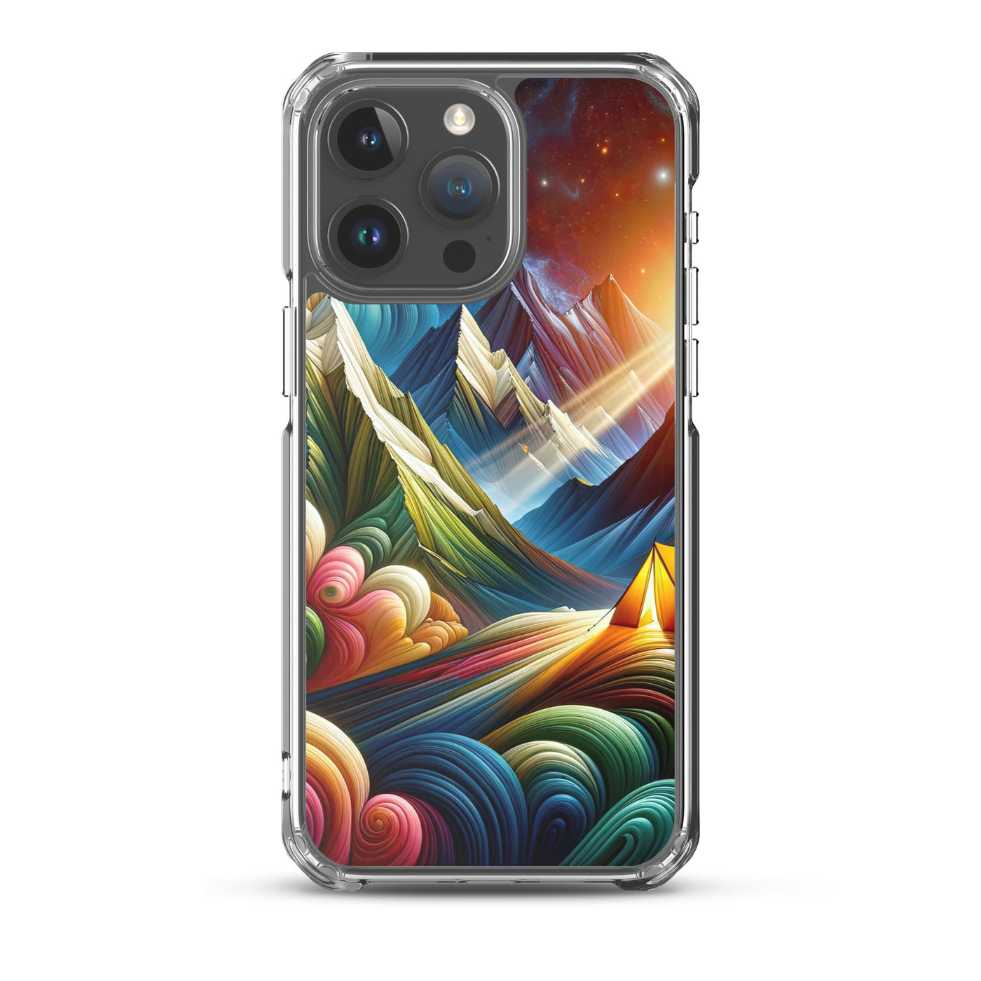 Abstrakte Bergwelt in lebendigen Farben mit Zelt - iPhone Schutzhülle (durchsichtig) camping xxx yyy zzz iPhone 15 Pro Max
