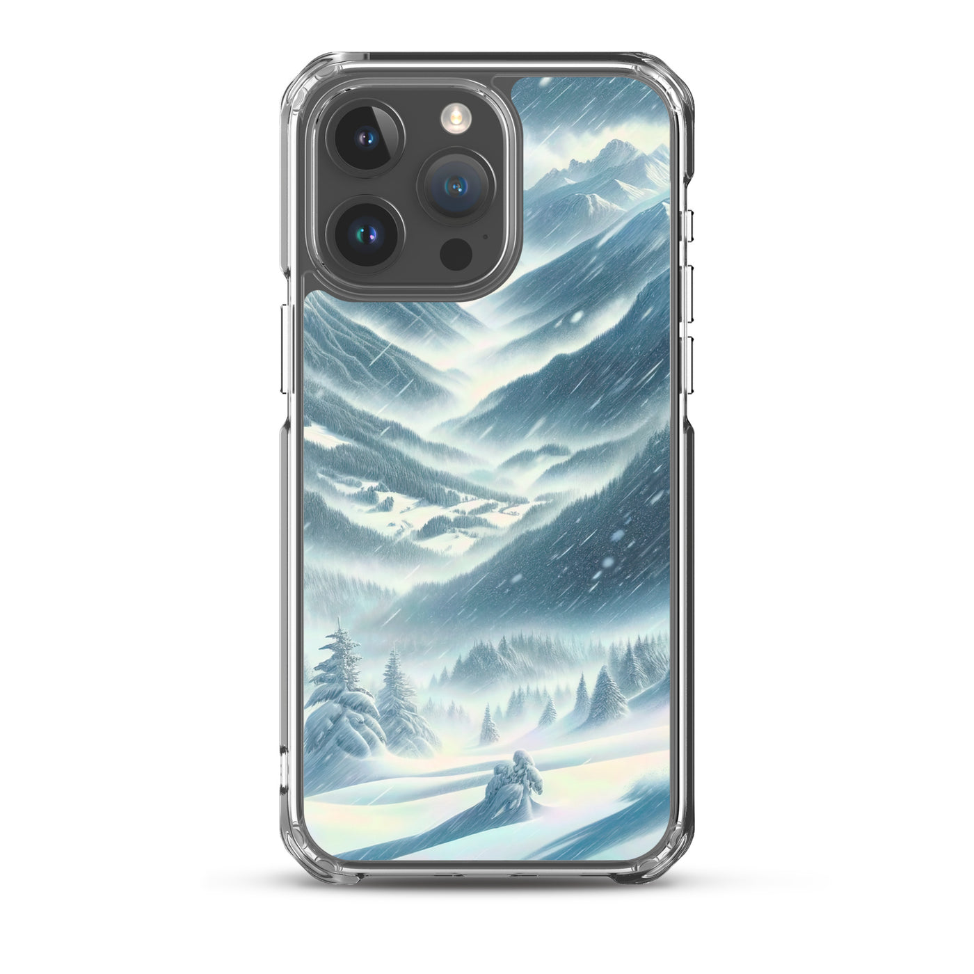 Alpine Wildnis im Wintersturm mit Skifahrer, verschneite Landschaft - iPhone Schutzhülle (durchsichtig) klettern ski xxx yyy zzz iPhone 15 Pro Max