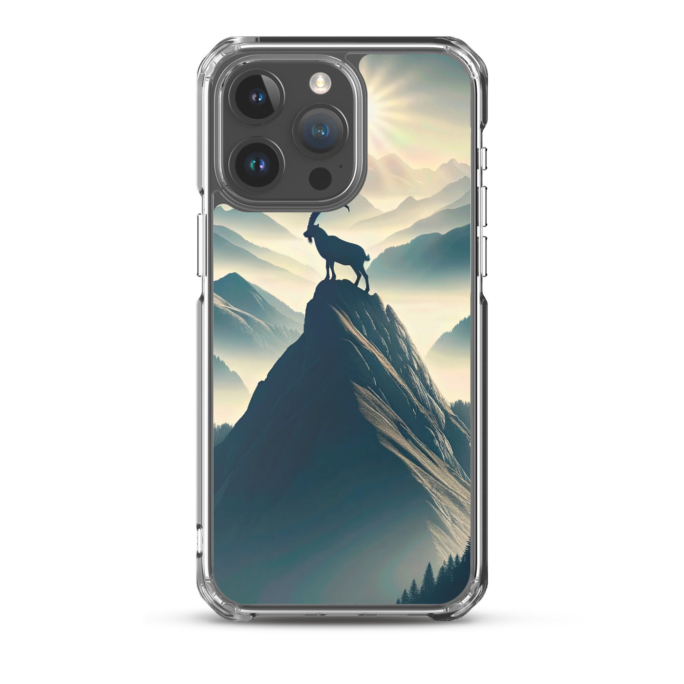 Morgendlicher Steinbock auf Alpengipfel, steile Berghänge - iPhone Schutzhülle (durchsichtig) berge xxx yyy zzz iPhone 15 Pro Max