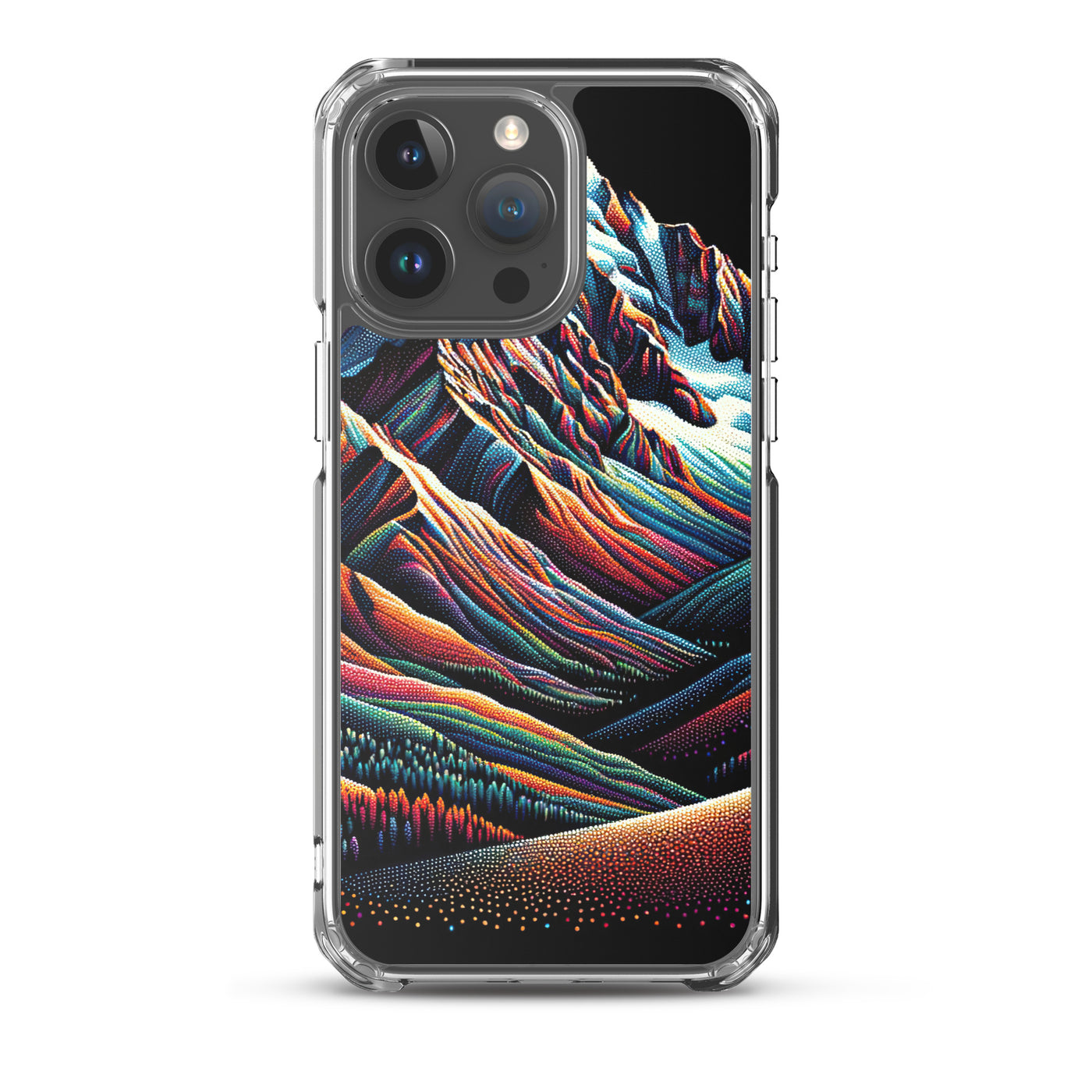 Pointillistische Darstellung der Alpen, Farbpunkte formen die Landschaft - iPhone Schutzhülle (durchsichtig) berge xxx yyy zzz iPhone 15 Pro Max