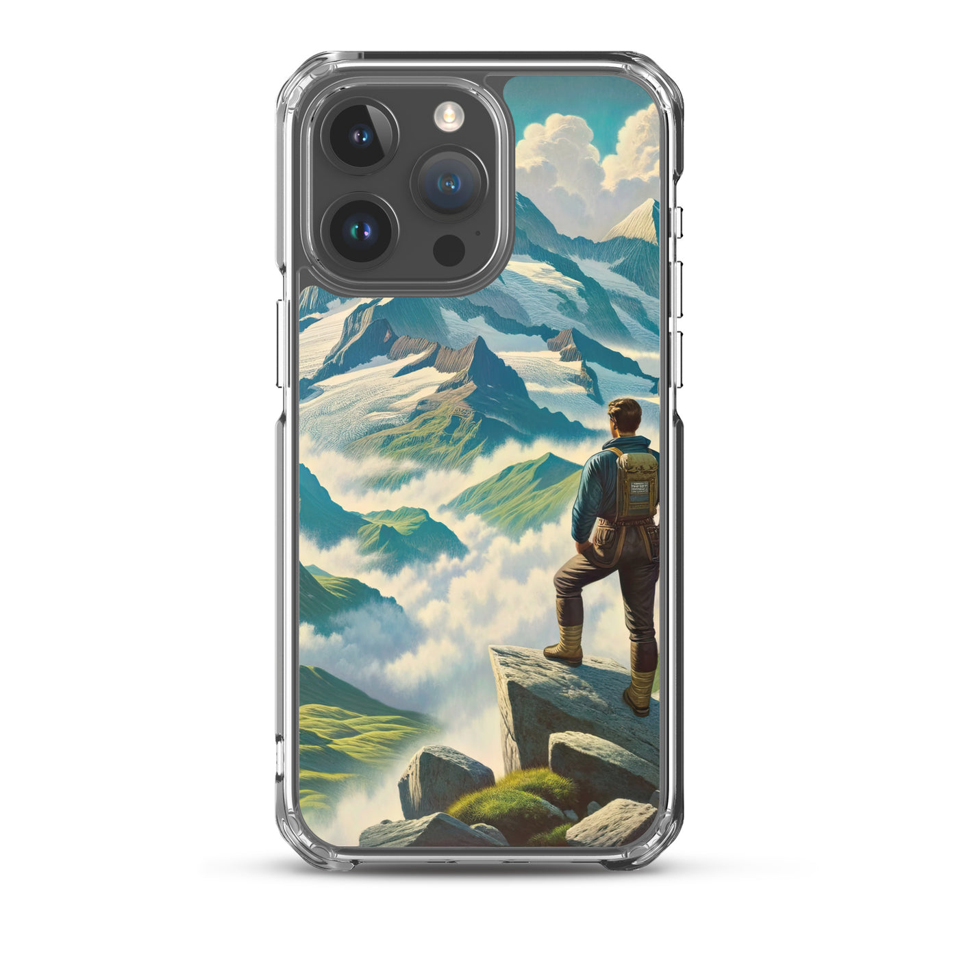 Panoramablick der Alpen mit Wanderer auf einem Hügel und schroffen Gipfeln - iPhone Schutzhülle (durchsichtig) wandern xxx yyy zzz iPhone 15 Pro Max