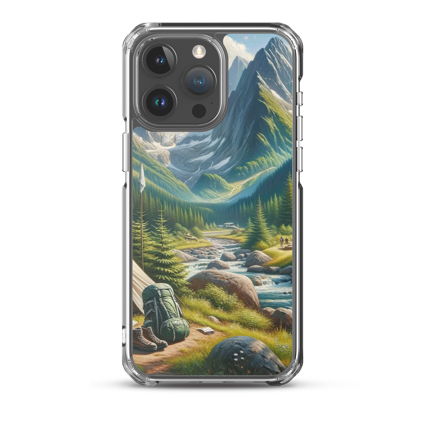 Ölgemälde der Alpensommerlandschaft mit Zelt, Gipfeln, Wäldern und Bächen - iPhone Schutzhülle (durchsichtig) camping xxx yyy zzz iPhone 15 Pro Max
