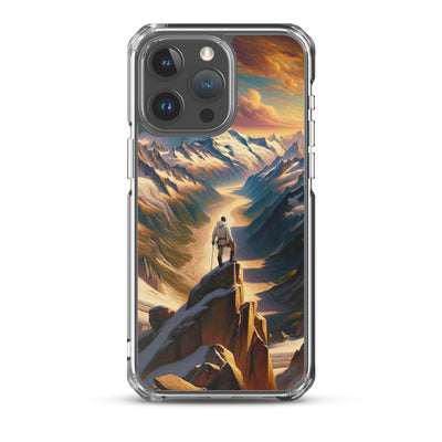 Ölgemälde eines Wanderers auf einem Hügel mit Panoramablick auf schneebedeckte Alpen und goldenen Himmel - iPhone Schutzhülle (durchsichtig) wandern xxx yyy zzz iPhone 15 Pro Max