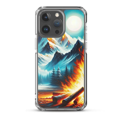 Ölgemälde von Feuer und Eis: Lagerfeuer und Alpen im Kontrast, warme Flammen - iPhone Schutzhülle (durchsichtig) camping xxx yyy zzz iPhone 15 Pro Max