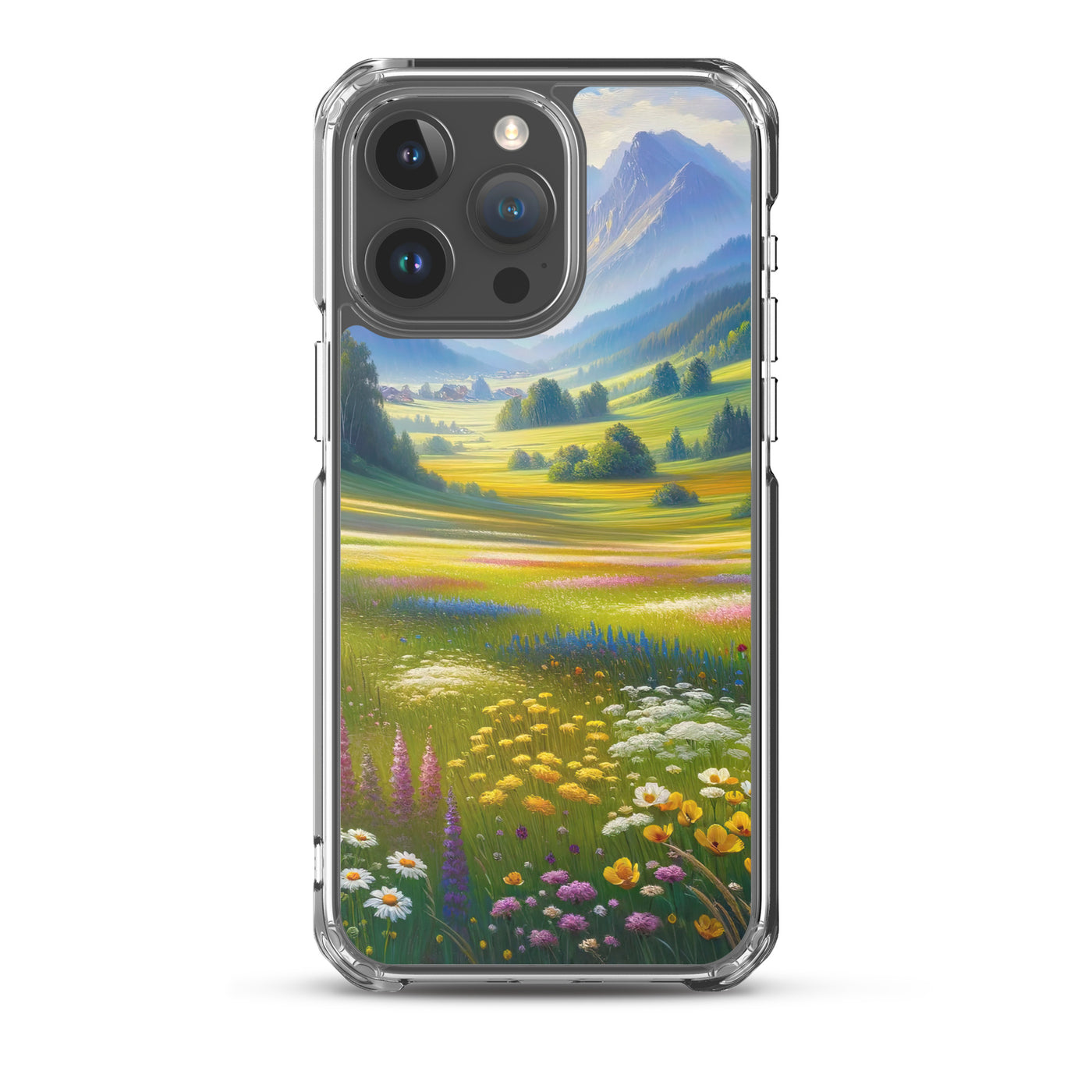 Ölgemälde einer Almwiese, Meer aus Wildblumen in Gelb- und Lilatönen - iPhone Schutzhülle (durchsichtig) berge xxx yyy zzz iPhone 15 Pro Max