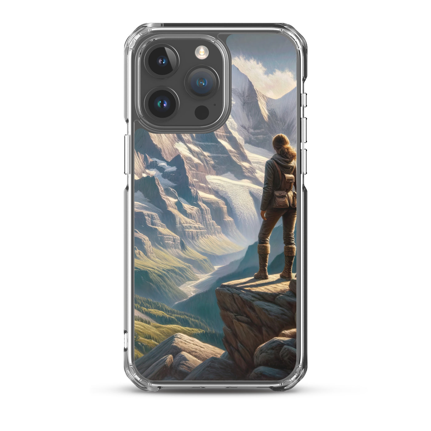 Ölgemälde der Alpengipfel mit Schweizer Abenteurerin auf Felsvorsprung - iPhone Schutzhülle (durchsichtig) wandern xxx yyy zzz iPhone 15 Pro Max