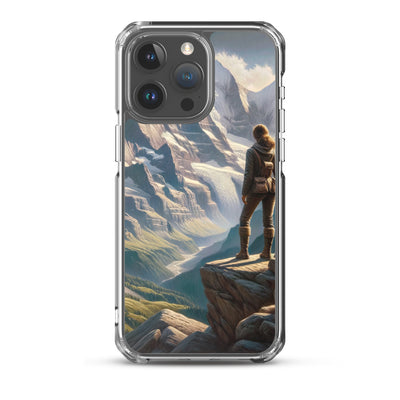 Ölgemälde der Alpengipfel mit Schweizer Abenteurerin auf Felsvorsprung - iPhone Schutzhülle (durchsichtig) wandern xxx yyy zzz iPhone 15 Pro Max