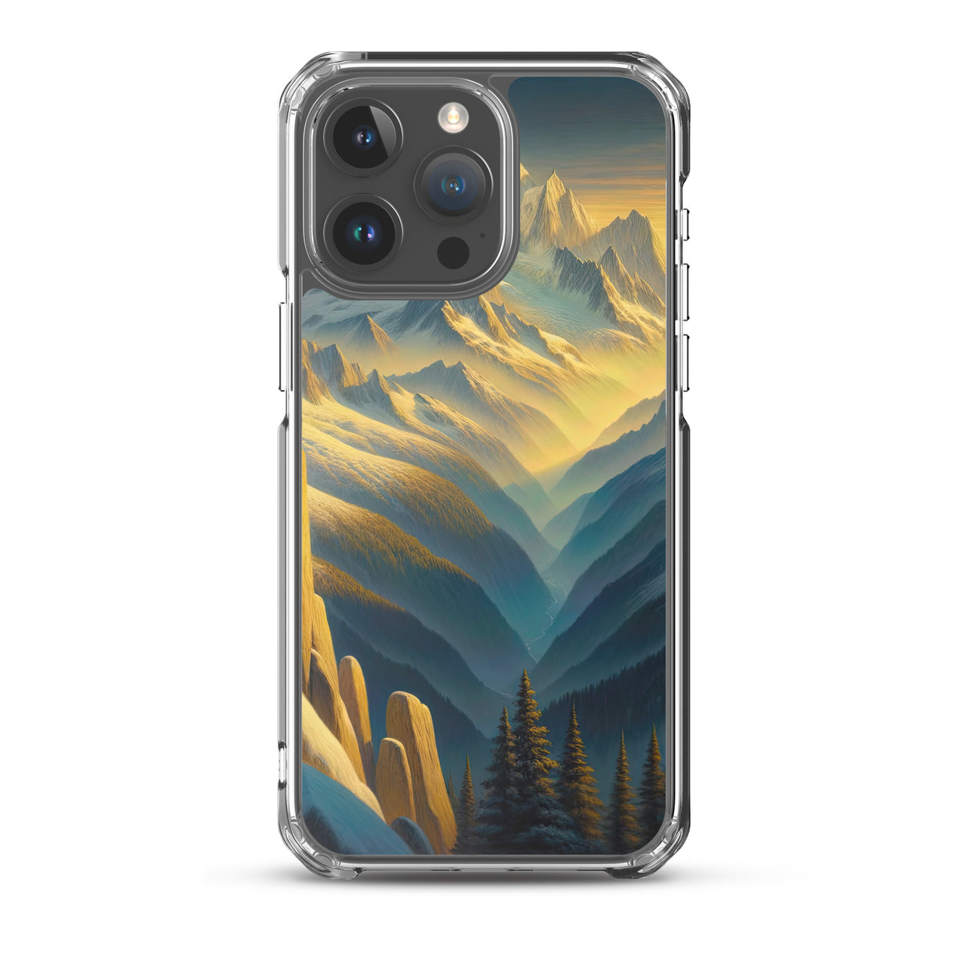 Ölgemälde eines Wanderers bei Morgendämmerung auf Alpengipfeln mit goldenem Sonnenlicht - iPhone Schutzhülle (durchsichtig) wandern xxx yyy zzz iPhone 15 Pro Max