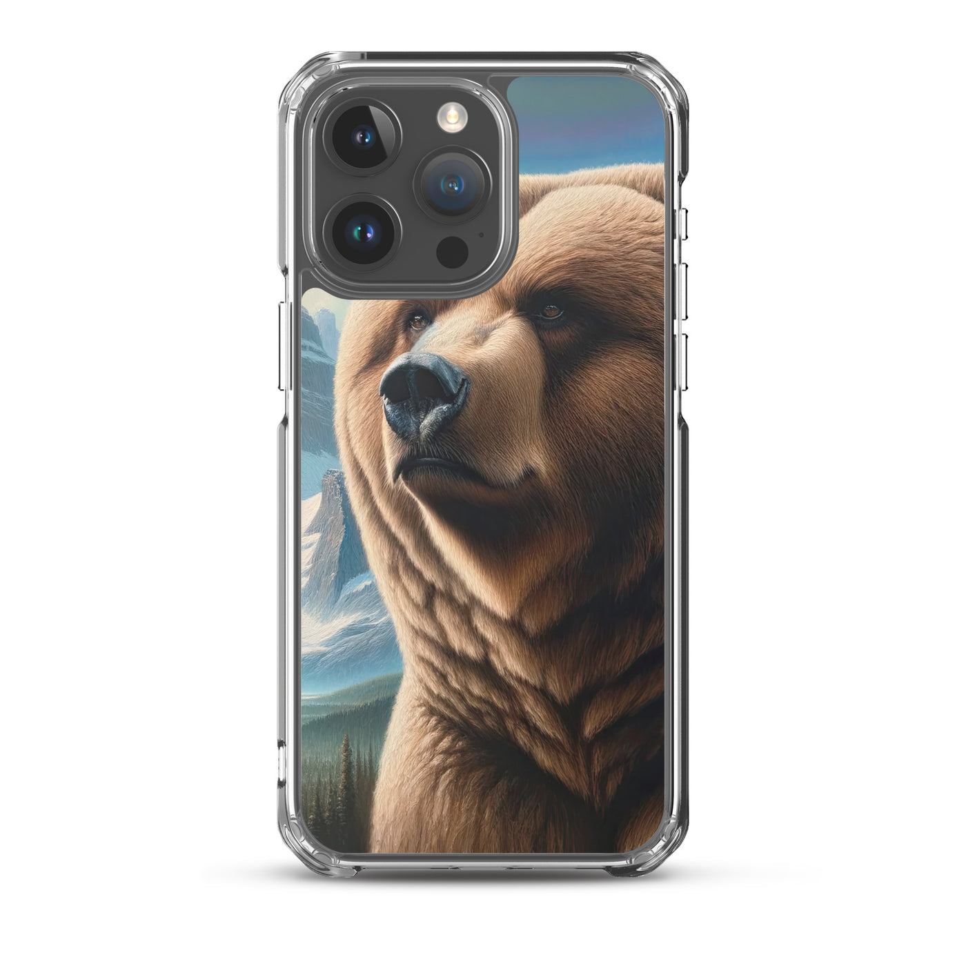 Realistisches Ölgemälde eines männlichen Bären in den Bergen mit Fokus auf Stärke und Schärfe - iPhone Schutzhülle (durchsichtig) camping xxx yyy zzz iPhone 15 Pro Max