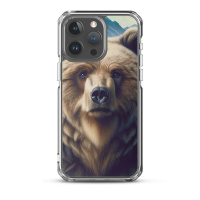 Foto eines Bären vor abstrakt gemalten Alpenbergen, Oberkörper im Fokus - iPhone Schutzhülle (durchsichtig) camping xxx yyy zzz iPhone 15 Pro Max