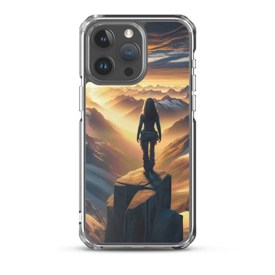 Fotorealistische Darstellung der Alpen bei Sonnenaufgang, Wanderin unter einem gold-purpurnen Himmel - iPhone Schutzhülle (durchsichtig) wandern xxx yyy zzz iPhone 15 Pro Max