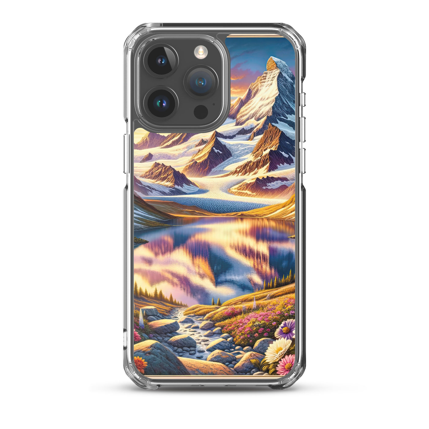 Quadratische Illustration der Alpen mit schneebedeckten Gipfeln und Wildblumen - iPhone Schutzhülle (durchsichtig) berge xxx yyy zzz iPhone 15 Pro Max