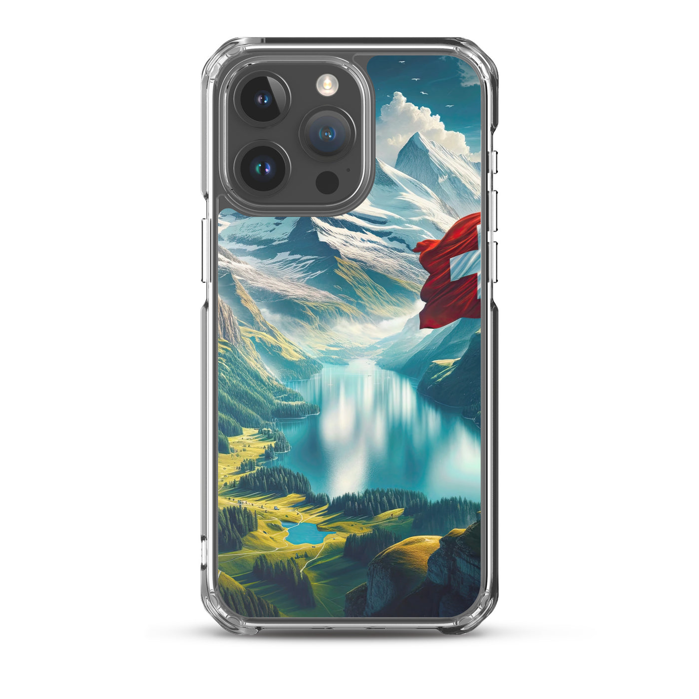 Ultraepische, fotorealistische Darstellung der Schweizer Alpenlandschaft mit Schweizer Flagge - iPhone Schutzhülle (durchsichtig) berge xxx yyy zzz iPhone 15 Pro Max