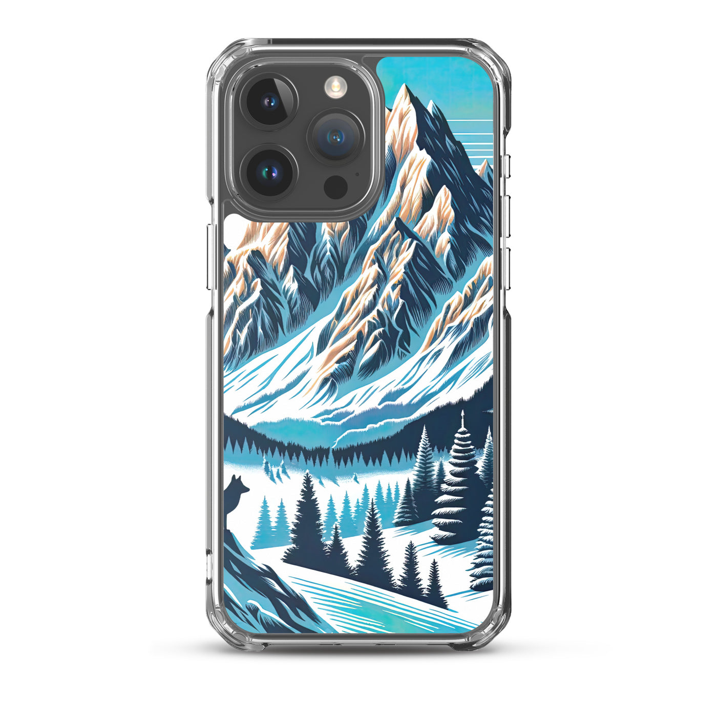Vektorgrafik eines Wolfes im winterlichen Alpenmorgen, Berge mit Schnee- und Felsmustern - iPhone Schutzhülle (durchsichtig) berge xxx yyy zzz iPhone 15 Pro Max