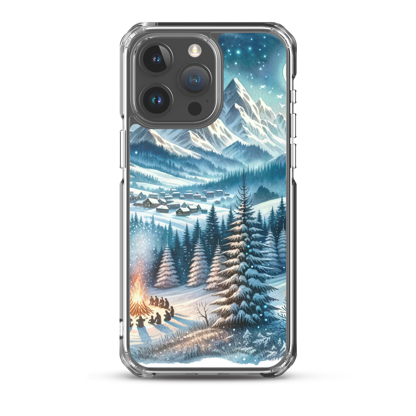 Aquarell eines Winterabends in den Alpen mit Lagerfeuer und Wanderern, glitzernder Neuschnee - iPhone Schutzhülle (durchsichtig) camping xxx yyy zzz iPhone 15 Pro Max