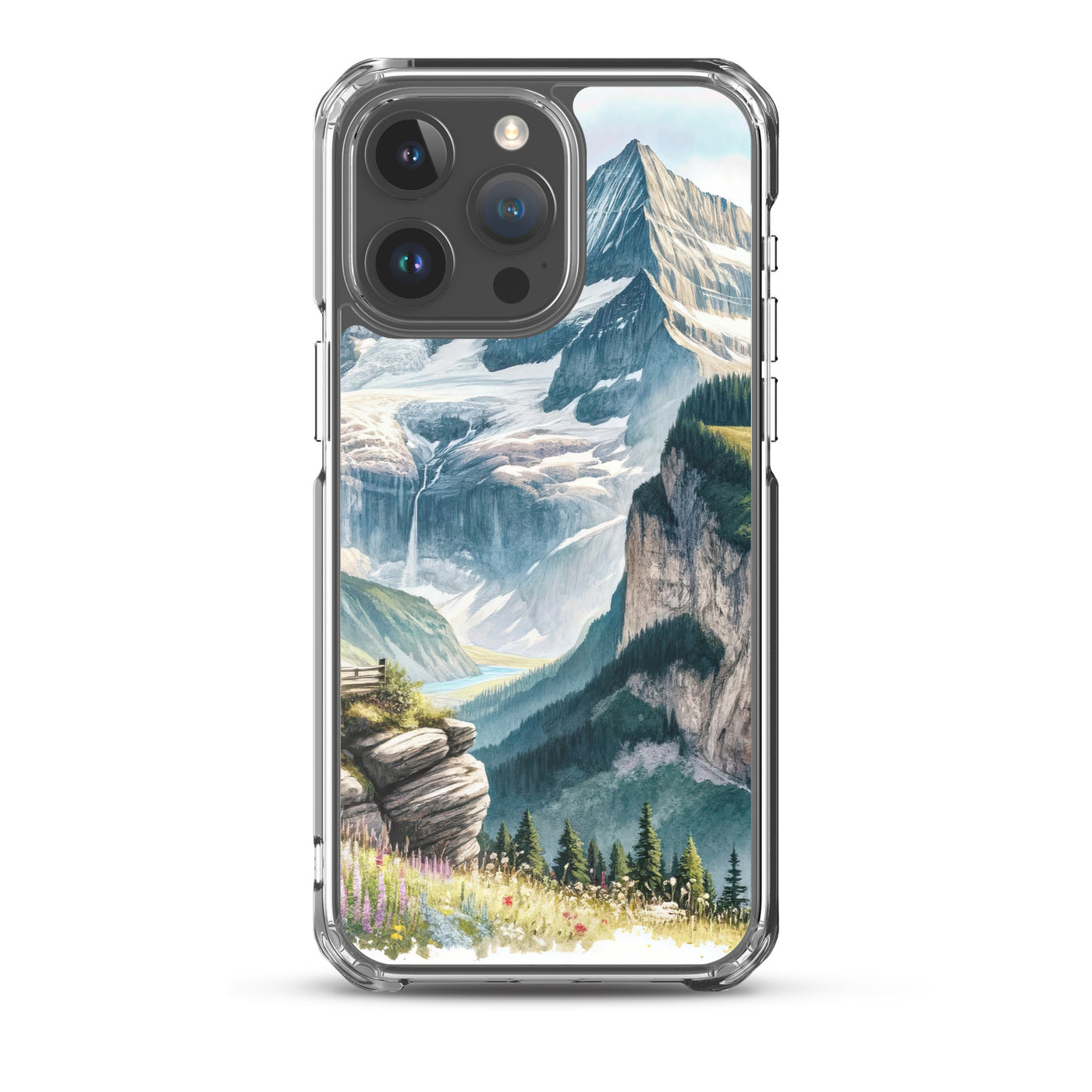 Aquarell-Panoramablick der Alpen mit schneebedeckten Gipfeln, Wasserfällen und Wanderern - iPhone Schutzhülle (durchsichtig) wandern xxx yyy zzz iPhone 15 Pro Max