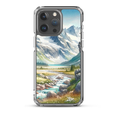 Aquarellmalerei eines Bären und der sommerlichen Alpenschönheit mit schneebedeckten Ketten - iPhone Schutzhülle (durchsichtig) camping xxx yyy zzz iPhone 15 Pro Max