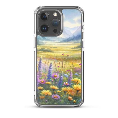Aquarell einer Almwiese in Ruhe, Wildblumenteppich in Gelb, Lila, Rosa - iPhone Schutzhülle (durchsichtig) berge xxx yyy zzz iPhone 15 Pro Max