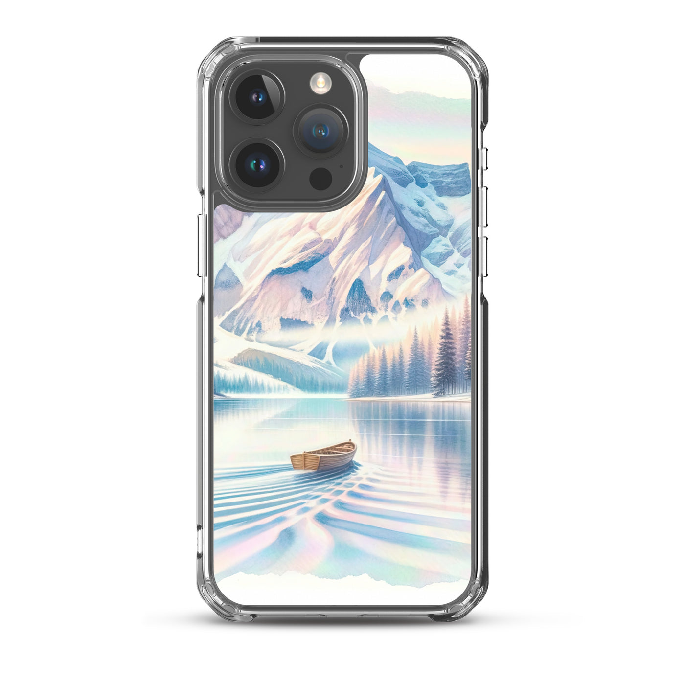 Aquarell eines klaren Alpenmorgens, Boot auf Bergsee in Pastelltönen - iPhone Schutzhülle (durchsichtig) berge xxx yyy zzz iPhone 15 Pro Max