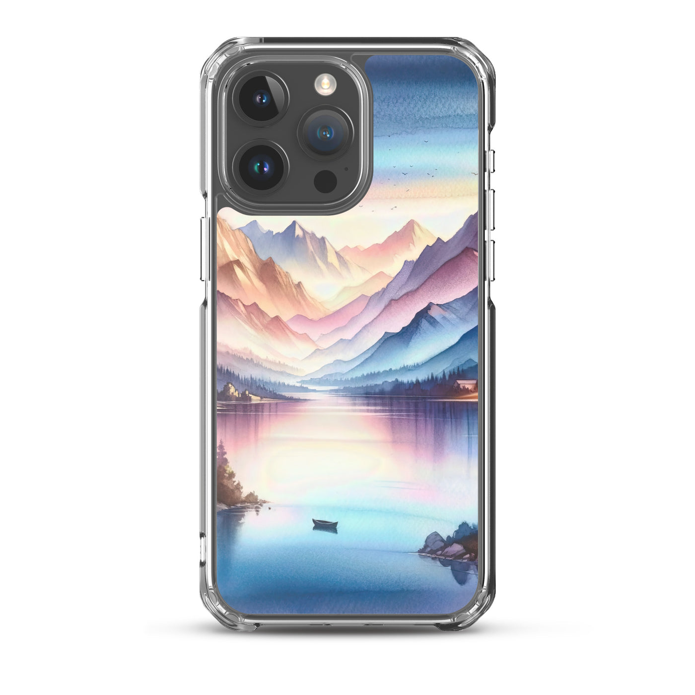 Aquarell einer Dämmerung in den Alpen, Boot auf einem See in Pastell-Licht - iPhone Schutzhülle (durchsichtig) berge xxx yyy zzz iPhone 15 Pro Max