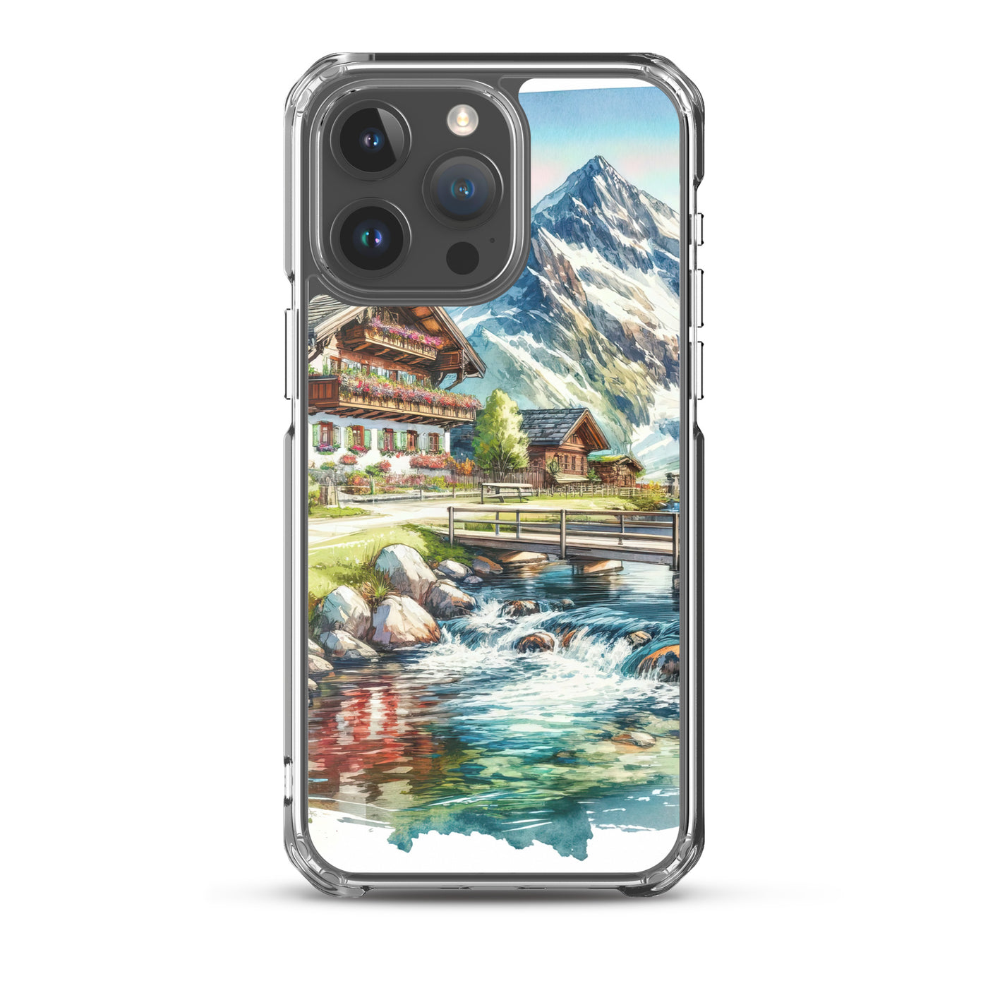 Aquarell der frühlingshaften Alpenkette mit österreichischer Flagge und schmelzendem Schnee - iPhone Schutzhülle (durchsichtig) berge xxx yyy zzz iPhone 15 Pro Max
