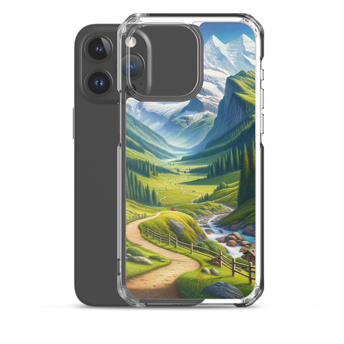 Wanderer in den Bergen und Wald: Digitale Malerei mit grünen kurvenreichen Pfaden - iPhone Schutzhülle (durchsichtig) wandern xxx yyy zzz