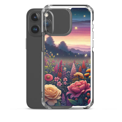 Skurriles Blumenfeld in Dämmerung, farbenfrohe Rosen, Lilien, Ringelblumen - iPhone Schutzhülle (durchsichtig) camping xxx yyy zzz