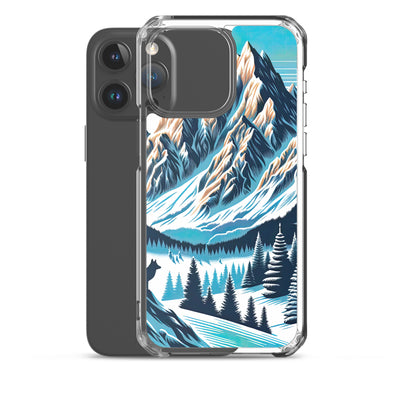 Vektorgrafik eines Wolfes im winterlichen Alpenmorgen, Berge mit Schnee- und Felsmustern - iPhone Schutzhülle (durchsichtig) berge xxx yyy zzz