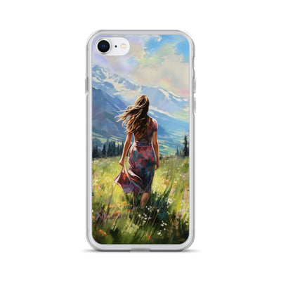 Frau mit langen Kleid im Feld mit Blumen - Berge im Hintergrund - Malerei - iPhone Schutzhülle (durchsichtig) berge xxx iPhone 7 8