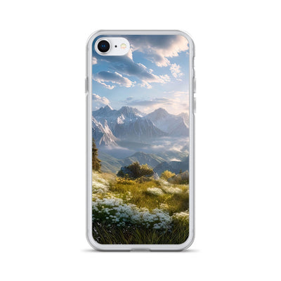 Berglandschaft mit Sonnenschein, Blumen und Bäumen - Malerei - iPhone Schutzhülle (durchsichtig) berge xxx iPhone 7/8