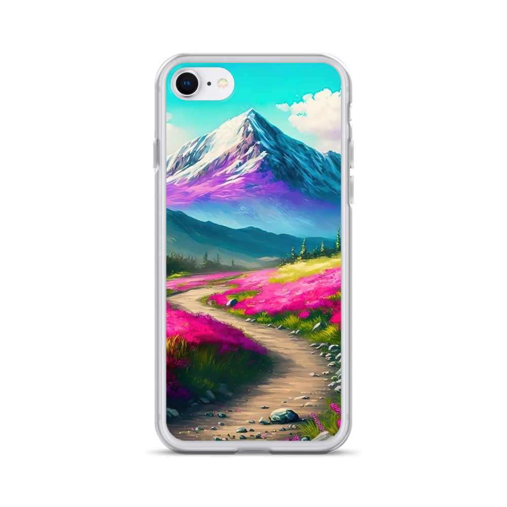 Berg, pinke Blumen und Wanderweg - Landschaftsmalerei - iPhone Schutzhülle (durchsichtig) berge xxx iPhone 7 8